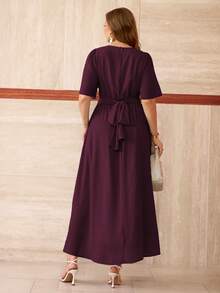 Roveilla Zanzea Plus Size Summer Burgundy Winter Elegant Wedding Maxi Dress,French Round Neck Chiffon Gathered Waist Layered Ruffle Hem Long Dress - Red Violet - View 2