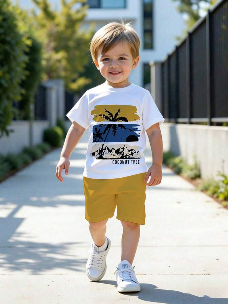 Souflis Souflis 一套幼儿男童夏季椰子树字母印花短袖套装，适合海滩度假/休闲玩耍，是外出游玩的理想之选，春夏季节适用。