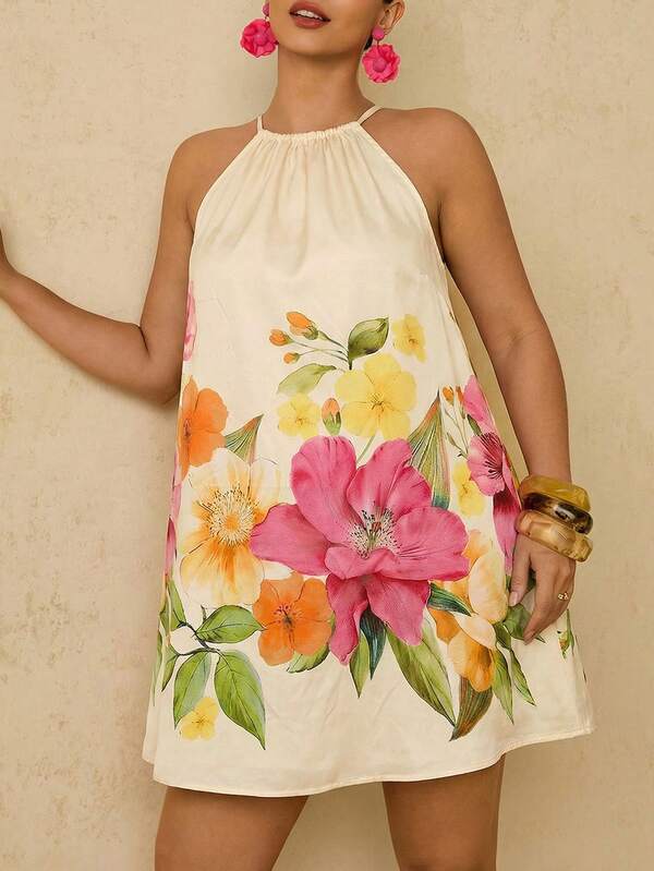 Travachic Plus Size Women's Halter Neck Sleeveless Floral A-Line Mini Dress, Spring/Summer Vacation Mini Dress, Plus Size Women Clothing Dresses For Women Vacation Outfits Women Summer Dresses For Women Holiday Outfits For Women Beach Outfits For Women Floral Dress Summer Short Dress