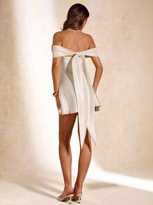 SHEIN BAE Đầm satin dáng chữ A không tay trễ vai màu mơ và trắng, thanh lịch, thích hợp cho kỳ nghỉ, phù dâu, sinh nhật, lễ tốt nghiệp, đầm trắng. - trắng - Xem 2