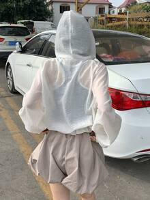 Livesso Women's Loose Fit Casual Outdoor Hooded Jacket, Cotton, White, Spring/Summer - White - View 2