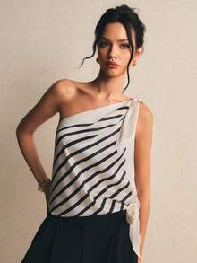 Poéselle Women's Fashionable Striped Tie Shoulder Blouse, Summer - Black and White - View 6
