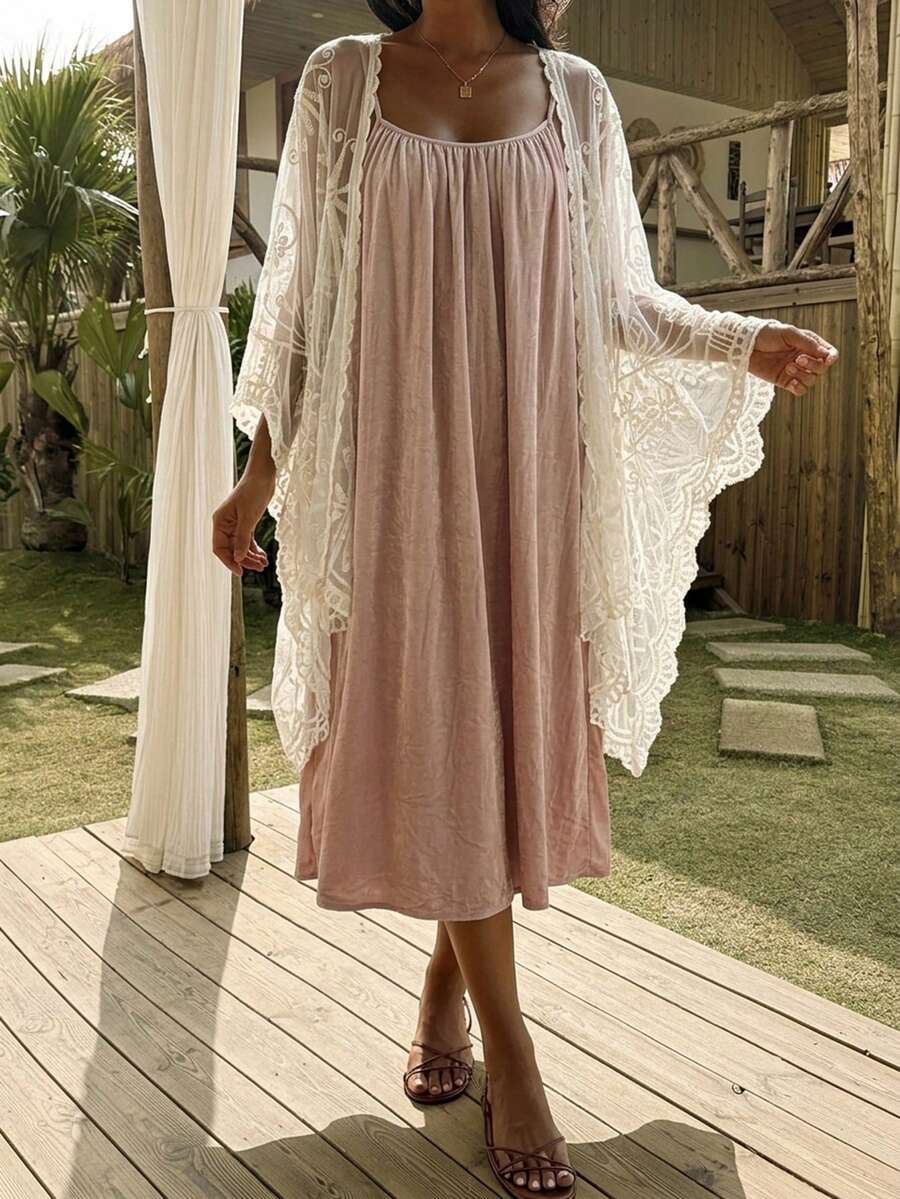 DAZY 2pcs/Set Women Lace Camisole Sleep Dress & Robe Sleepwear Pajama Set, Loose Fit, Fall Winter Clothes - Pink - View 1