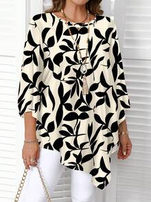 EMERY ROSE Camisa casual folgada plus size com estampa de silhueta de folhas, ideal para primavera e outono. - Multicolorido - Ver 3