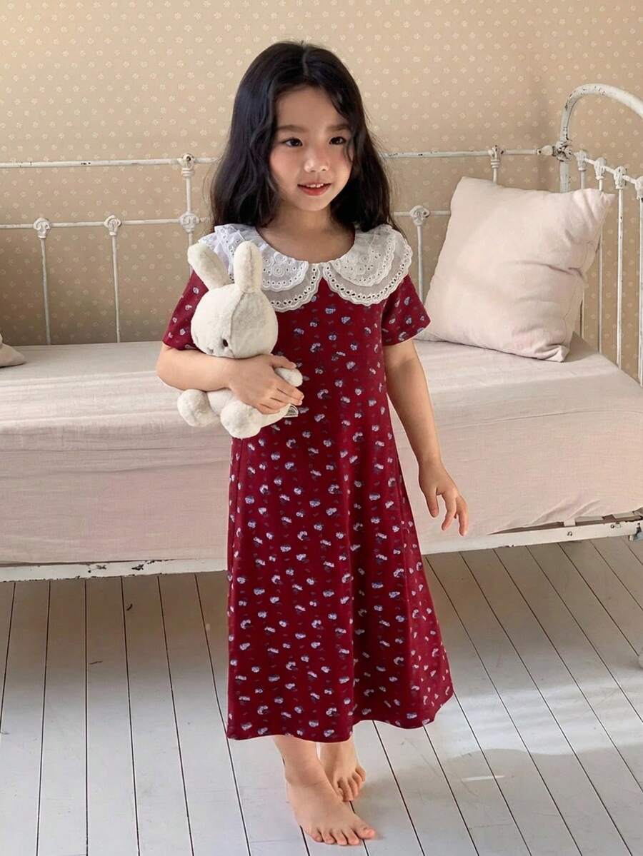 Dazy Kids 少女圓領短袖睡裙家居服 夏季 - 酒紅色 - 查看 1