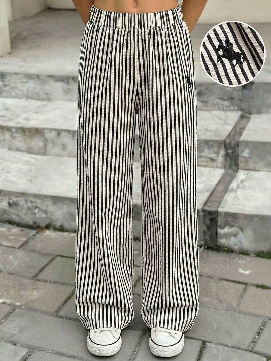 SHEIN Celana Longgar Bergaris Bordir untuk Liburan Kasual Anak Perempuan Remaja - Hitam - View 1