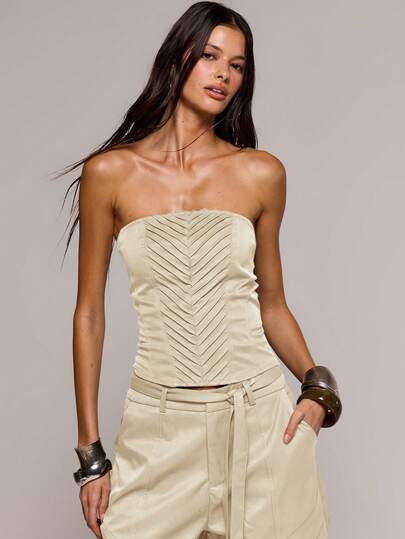 MUSERA Stitching Detail Fitted Strapless Crop Top Spring Summer Sexy Date Night Club Festival Holiday Night Out Vacation Soul Ties