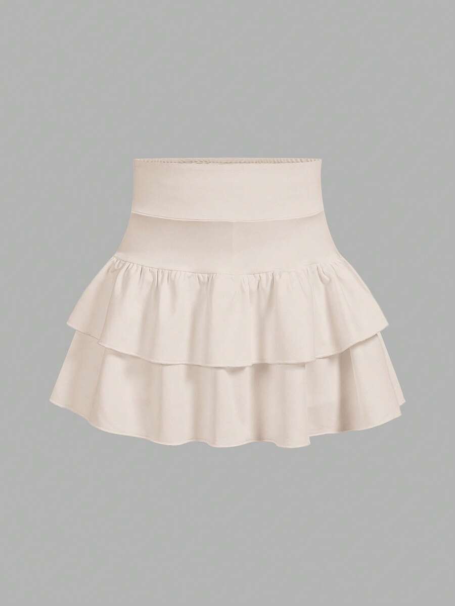 SHEIN Girlism Tween Girls Knitted Solid Color Cute Ruffle Layered Built-In Shorts Mini Skirt, Y2K Fashion, Back To School - Khaki - View 1
