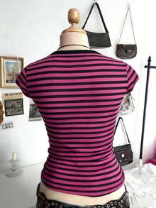 Lalippa Women's Casual Letter & Striped Print T-Shirt, Summer - Multicolor - View 2