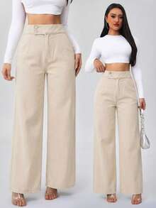 SHEIN Tall 女士高腰休闲宽松阔腿牛仔裤蓝色直筒裤高个女式牛仔裤 - 杏色 - 查看 9