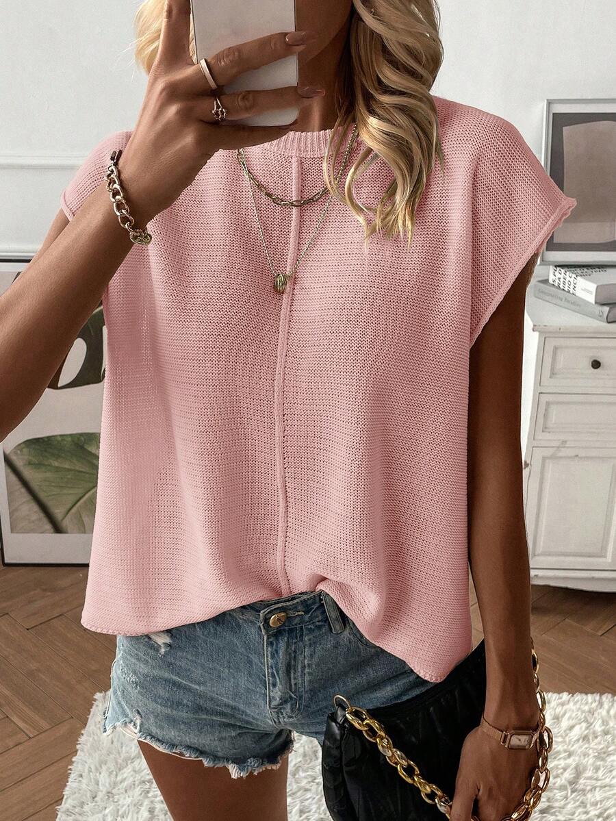 EMERY ROSE Women's Solid Color Minimalist Daily Wear Round Neck Short Sleeve Sweater Vest - Pink - View 1
