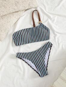 Swim Mod 女士春夏沙滩音乐节条纹针织提花单肩金属首饰时尚优雅比基尼套装 - 彩色 - 查看 4