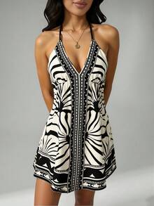 SHEIN PETITE 女士波西米亚热带风情黑米印花吊带V领露背短款连衣裙，休闲夏季沙滩裙 - 彩色 - 查看 1