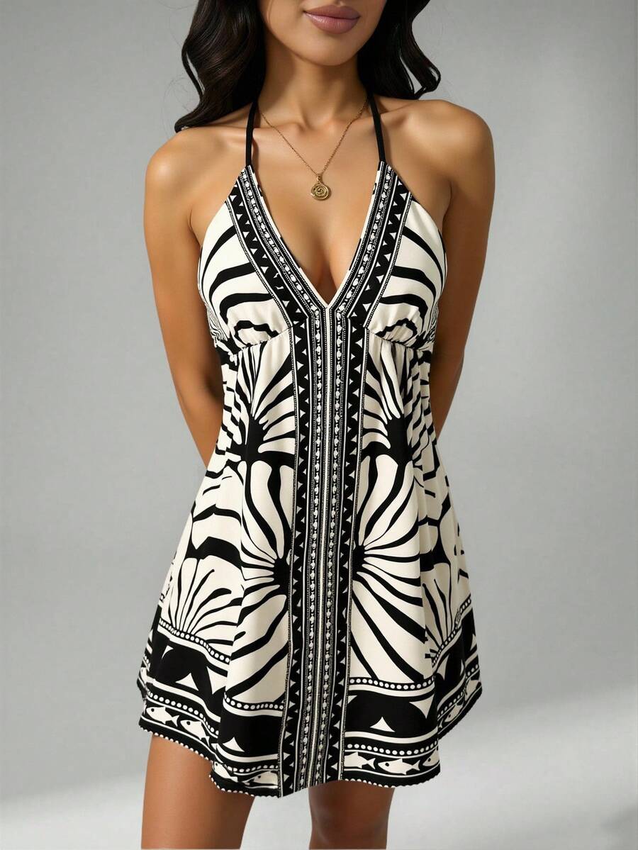 SHEIN PETITE 女士波西米亚热带风情黑米印花吊带V领露背短款连衣裙，休闲夏季沙滩裙 - 彩色 - 查看 1