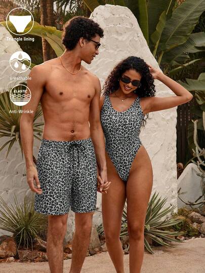 Manfinity VDAYZ Quần short nam họa tiết da báo, cạp chun, kiểu dáng casual đi biển.