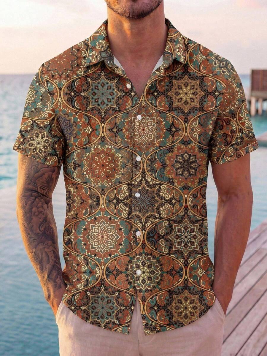 VIVINTIMO 地毯复古图案时尚休闲全印花男式标准版型短袖 Polo 衫 - 彩色 - 查看 1