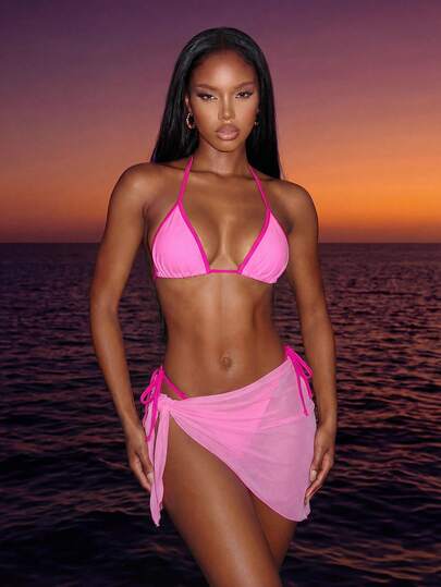 Swim Vcay Nuevo set de bikini de unicolor para damas, que consta de: sujetador de tirantes finos de contraste, braga de corte alto y falda de malla atada a los lados, un conjunto de 3 piezas de traje de baño