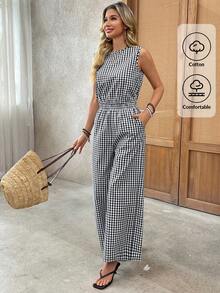 EMERY ROSE 女士格子圆领无袖上衣和裤子优雅休闲套装 - 黑與白 - 查看 4