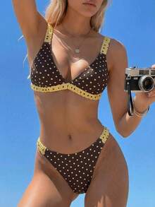 Swim Mod 2pcs/Set Women Summer Beach Vacation Swimsuit, Cute Random Polka Dot Print Triangle Cup Adjustable Strap Backless Bikini Set - Multicolor - View 6