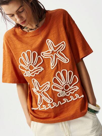 Bohemela Casual Solid Color Knit Round Neck Short Sleeve Loose T-Shirt For Women Rope Walking Ocean Marine Pattern