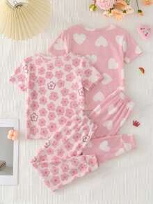 Bộ đồ mặc nhà 4 món cho bé gái, kiểu dáng tối giản, ôm sát, cổ tròn, tay ngắn và quần legging, thích hợp cho mùa xuân và mùa hè. - Nhiều màu - Xem 4