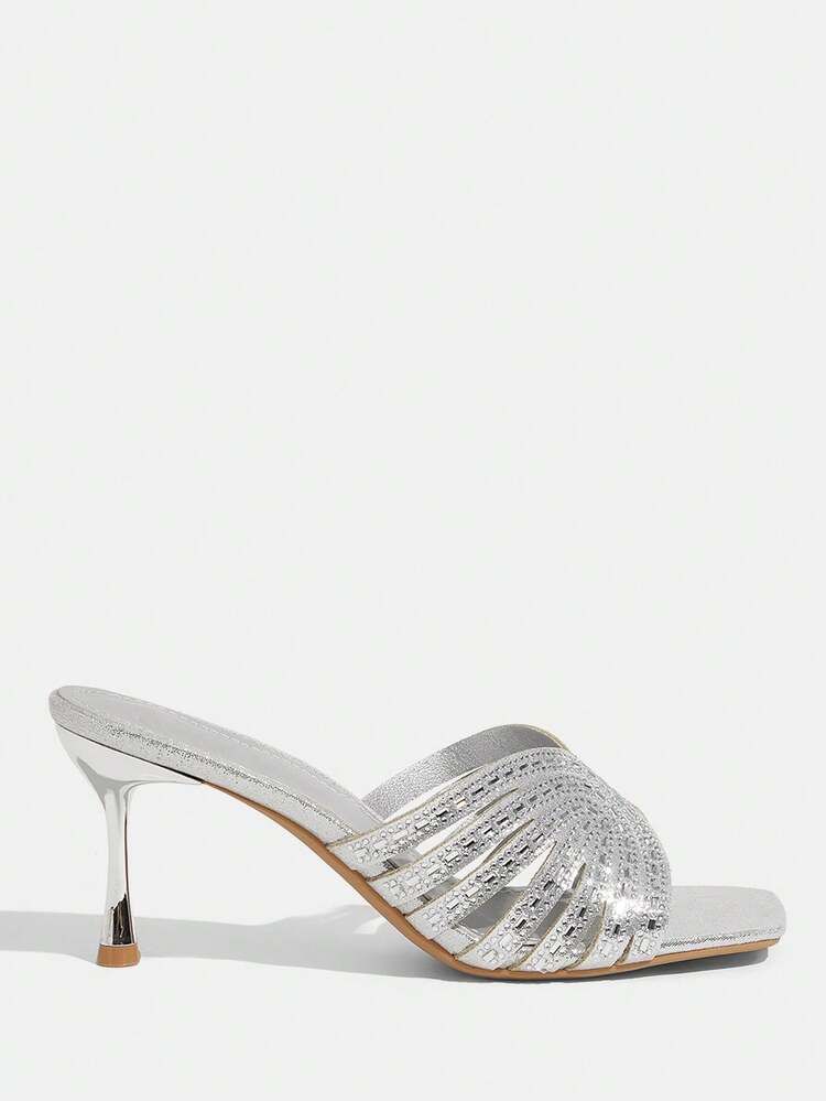 CUCCOO TILAWA Women Shoes Square Toe Slender High Heel Silver Full Diamond Slip-On Open Toe Women's High Heel Sandals Slippers With Skirts Fashion Gorgeous Banquet Party Women's Sandals Women's Shoes