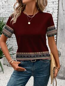 EMERY ROSE 休闲简约几何圆领宽松女式T恤 西部风T恤 女式短袖上衣 红色，休闲 - 彩色 - 查看 3