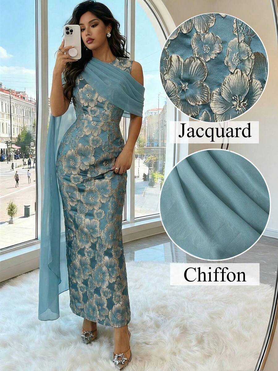 Elenzga 女士热销金色提花面料收腰长裙，搭配优雅雪纺披肩，适合春夏各种场合，如派对、约会、购物等。 - 藍色 - 查看 1