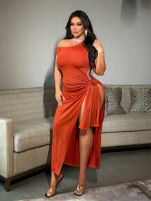 NU&NOW Große Größen sexy einfarbiges Kleid mit asymmetrischem Ausschnitt, hohem Schlitz und Bindedetail, Sommer - Orange - Übersicht 4