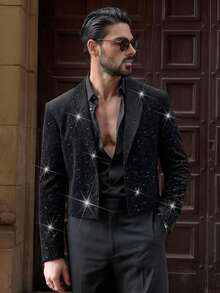 HIMLAND Blazer de fiesta informal con cuello de chal de lámina de oro para hombres, blazer negro corto con brillo para boda - Negro - Ver 1