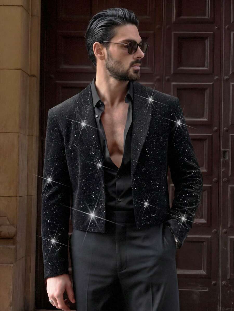HIMLAND Blazer de fiesta informal con cuello de chal de lámina de oro para hombres, blazer negro corto con brillo para boda - Negro - Ver 1