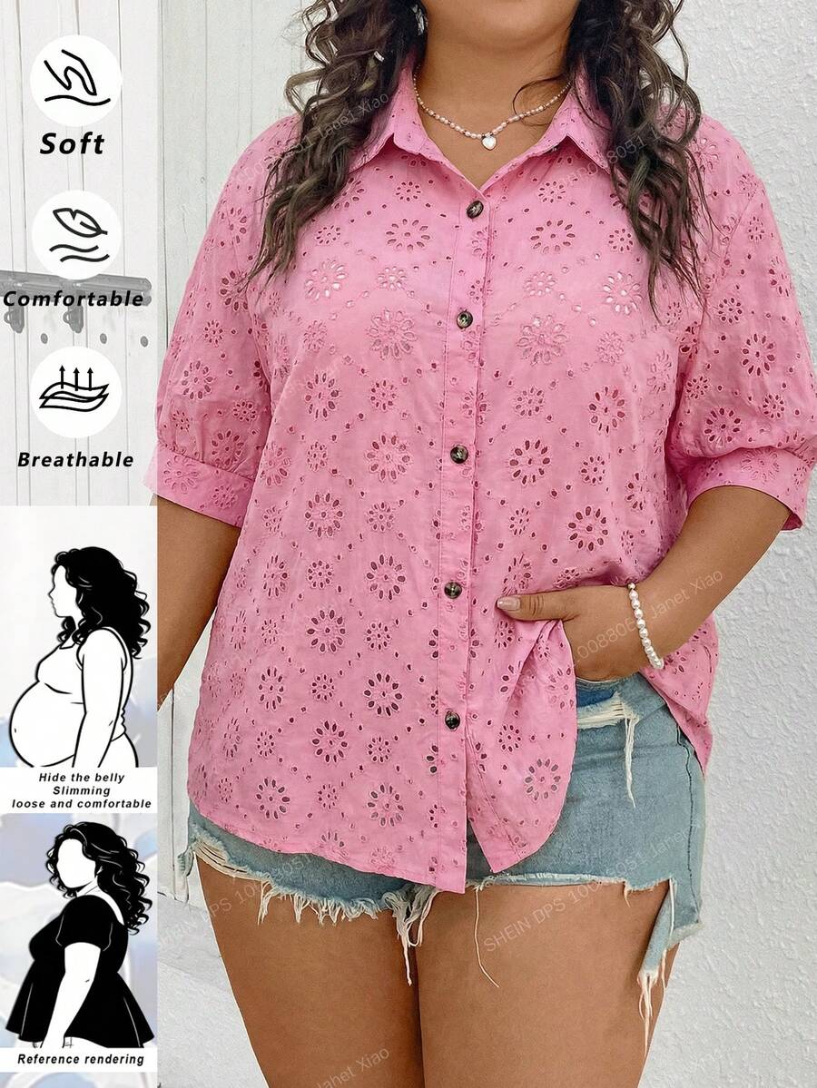 SHEIN CURVE+ Áo sơ mi nữ thêu họa tiết cỡ US22, thích hợp cho lễ hội âm nhạc, kỳ nghỉ bên bờ biển, phong cách bohemian, chất liệu vải dày dặn, dáng rộng, màu hồng thêu hình búp bê, thích hợp cho kỳ nghỉ. - Hồng - Xem 1