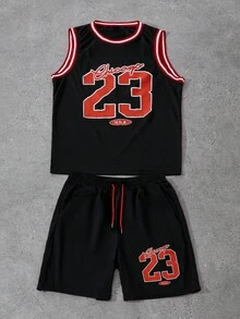 Manfinity Campus Court Plus Size Men's 23 Letter Print Sports Vest And Shorts Set Football - Black - View 3