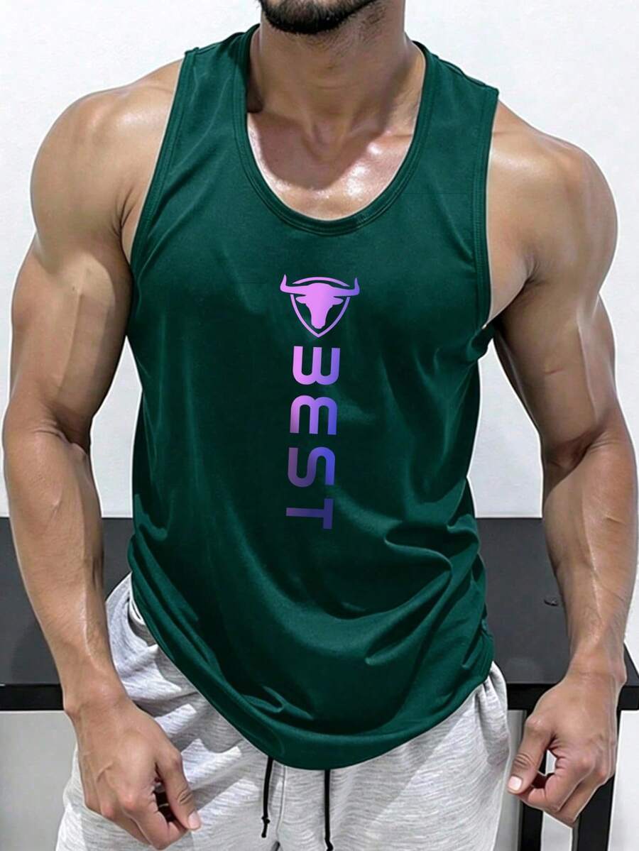 GymBeat Men's Letter Print Casual Fitness Sports Tank Top - Green - View 1