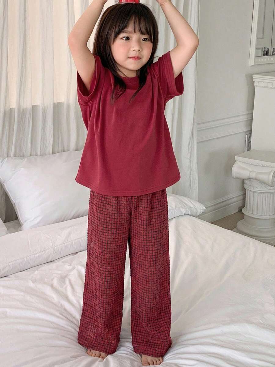 Dazy Kids 女童圓領針織短袖T恤 + 梭織格紋長褲家居服，春/夏 - 紅色 - 查看 1