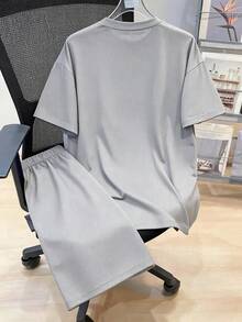 Bộ 2 món cho bé trai tuổi teen, gồm áo thun cổ tròn tay ngắn in chữ và quần short, thích hợp đi làm, đi học, mặc hàng ngày, chơi thể thao, mùa xuân/hè. - Xám - Xem 3