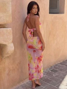 Bonvoyette Bộ đồ bơi 2 mảnh Xuân/Hè: Áo tắm quây không gọng in kỹ thuật số với họa tiết hoa 3D và chân váy dài bằng lưới, bộ đồ bơi nghỉ mát thanh lịch, áo tắm liền thân họa tiết hoa cho nữ, trang phục mùa hè họa tiết hoa cho nữ. - Nhiều màu - Xem 2