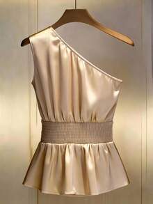 GlowEve Áo kiểu nữ dáng chữ A xếp ly thanh lịch với chất liệu bóng mượt và cổ áo bất đối xứng, phù hợp cho công sở, đi làm và mặc hàng ngày, mùa xuân/hè. - Rượu sâm banh - Xem 2