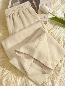 SHEIN Franclia Quần ống rộng màu vàng gừng tươi mát mùa hè - Quần ống suông cạp chun ren, cài một nút, dáng rộng thoải mái, kiểu dáng thời trang của các blogger, thích hợp mặc đi làm và đi nghỉ mát. - Màu be - Xem 2