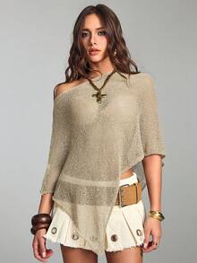 Hippie Loose Hollow-Out Knit Blouse For Women, Suitable For Beach Vacation - Apricot - View 7