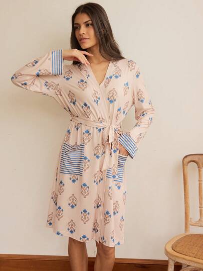 SHEIN Doze Lane Vestaglia da donna casual a stampa floreale e a righe, con tasche, lunghezza midi, manica lunga