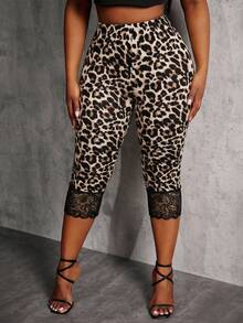 SHEIN SXY Bộ đồ 2 mảnh mới dành cho nữ cỡ lớn mùa xuân/hè: Quần lửng 7/8 cạp chun co giãn họa tiết da báo viền ren, và quần lửng 7/8 màu đen viền ren. - màu đen - Xem 3