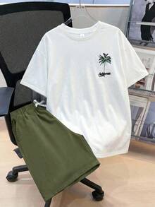 SHEIN 2pcs Set Teen Boy's Tropical Print Tee & Drawstring Waist Shorts;Spring Wear; Teen Boys' Clothing; Kids' Jackets, Spring Back To School - Army Green - View 2