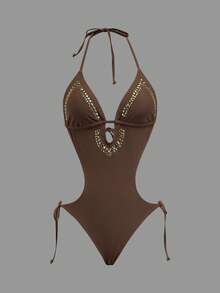 Opulessa 女士金属装饰露背挂脖连体泳衣，适合海滩度假、热带风情、美人鱼风、波西米亚风、伊比沙岛风、西部风情、夏季、节日、派对等场合，风格可爱、休闲、海滩风、度假、假日、夏季服装、春季女装、女士海滩装、女士海滩套装、海滩套装、海滩套装、女士度假套装、女士假日套装、夏季假日套装、假日套装、女士度假套装、女士海滩度假套装、Y2K、乡村风、乡村音乐会服装、女士乡村风格服装、女士乡村套装、棕色泳衣、女士泳装、女士连体比基尼、棕色泳装、铆钉连体泳衣 - 棕色 - 查看 1