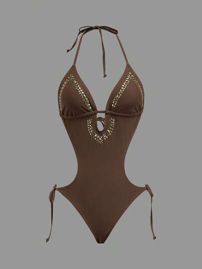 Opulessa Women's Metal Decor Backless Halter One-Piece Swimsuit For Beach Vacation