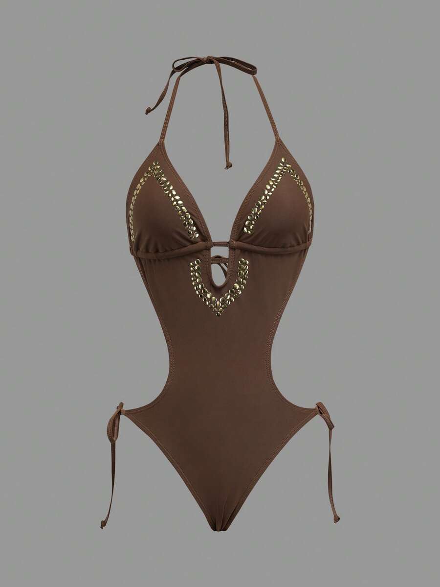 Opulessa 女士金属装饰露背挂脖连体泳衣，适合海滩度假、热带风情、美人鱼风、波西米亚风、伊比沙岛风、西部风情、夏季、节日、派对等场合，风格可爱、休闲、海滩风、度假、假日、夏季服装、春季女装、女士海滩装、女士海滩套装、海滩套装、海滩套装、女士度假套装、女士假日套装、夏季假日套装、假日套装、女士度假套装、女士海滩度假套装、Y2K、乡村风、乡村音乐会服装、女士乡村风格服装、女士乡村套装、棕色泳衣、女士泳装、女士连体比基尼、棕色泳装、铆钉连体泳衣 - 棕色 - 查看 1
