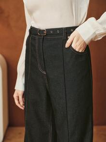 Anewsta Vintage Academic Office Commute Elegant High-Waisted Draping Women's Pants With Belt, Spring/Autumn - Volcanic Gray - View 6