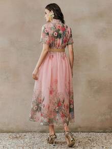 Anewsta 女士时尚浪漫杏色印花开襟A字荷叶领短袖收腰连衣裙，适合海滩度假穿着 - 粉色 - 查看 2