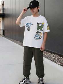 Coolqubz 男童新款夏季印花圆领T恤和褶皱工装裤两件套休闲运动套装 - 綠色 - 查看 5