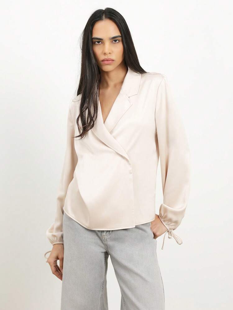 KSTM Women's Wrap Blouse With Notched Lapel Collar Long Sleeve Tie Cuff Detail Professional Office Business Casual Formal Shirt Elegant Spring Fall Winter